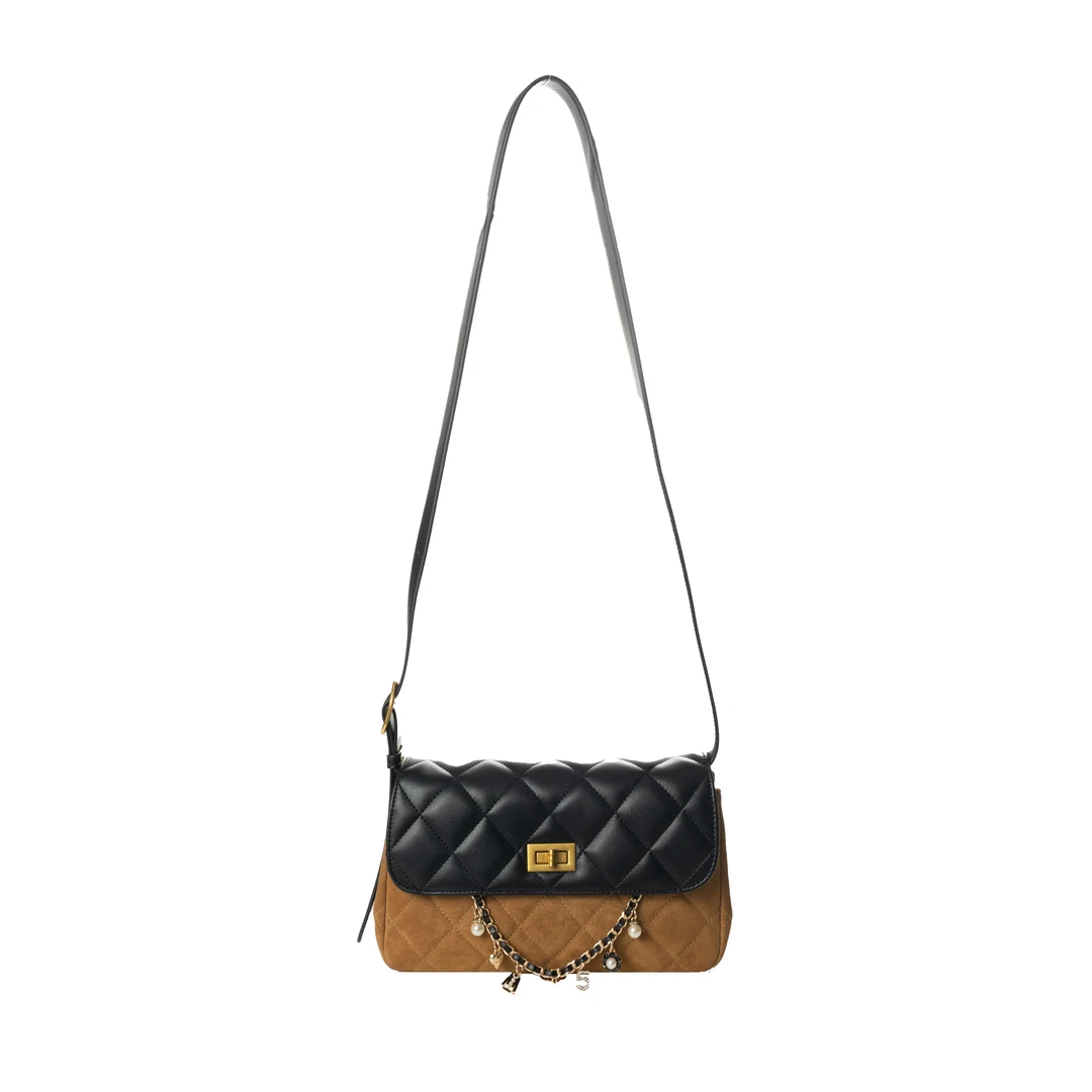 welge [flap bag] matte leather /sheepskin shoulder crossbody bagf250635 black with brown accents